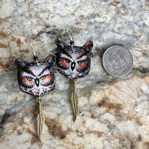 Great horned owl handpainted earrings w feather charm sterling wires OOAK - Picture 5 of 5